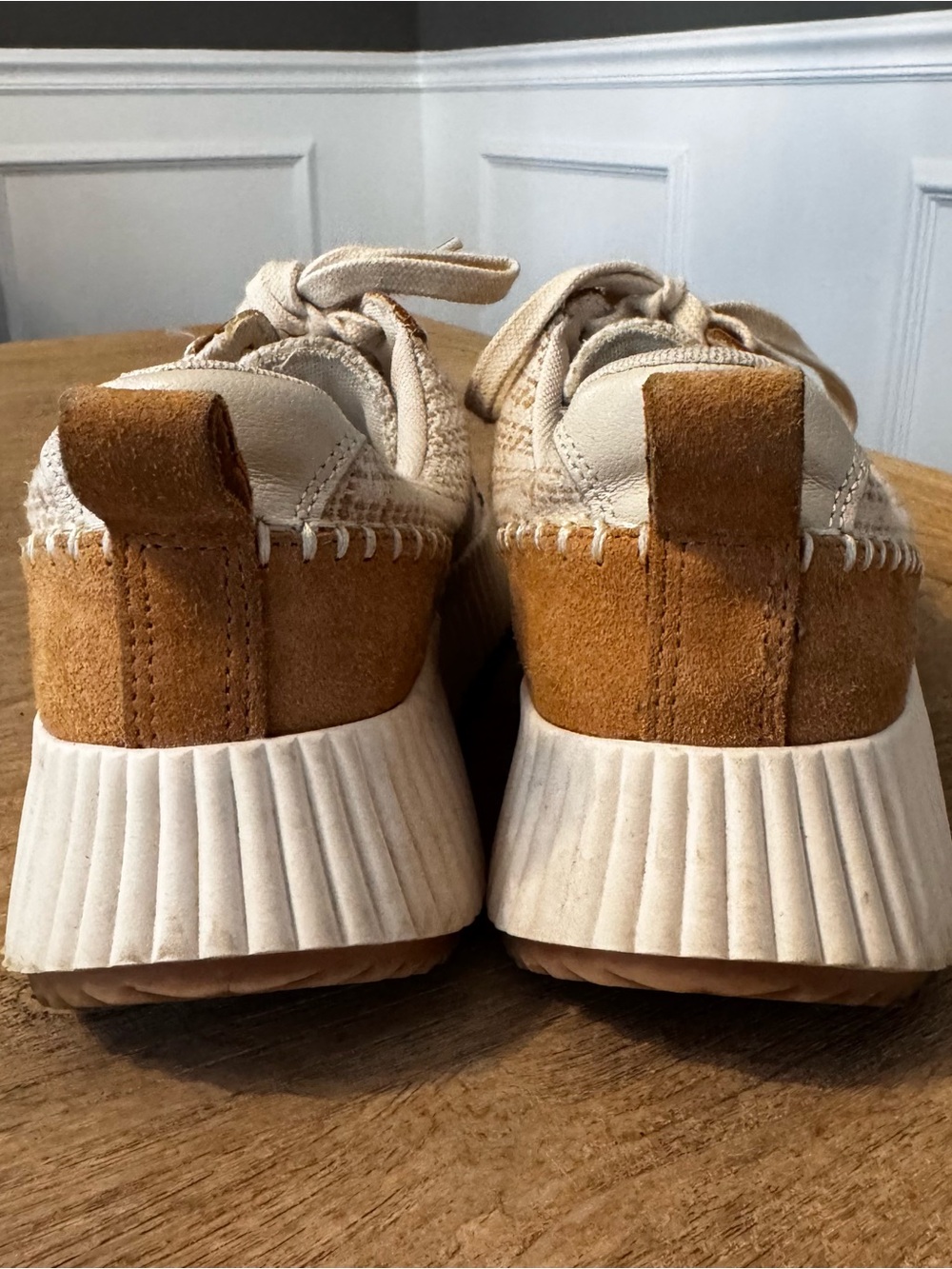 Dolce Vita Dolen Platform Sneakers Size 8 Cream Knit & Tan Leather Casual - Picture 3 of 6